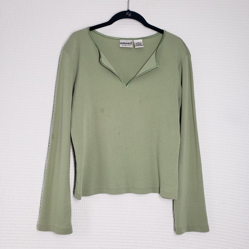Vintage Fashion Bug Ribbed V Neck Top Womens XL Green Long Sleeve Stretch Y2K